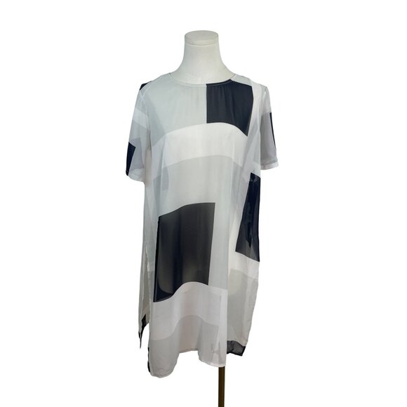 Vince Camuto Geometric Print Sheer Tunic Top White Black Short Sleeve Size L- Ne - Picture 1 of 8